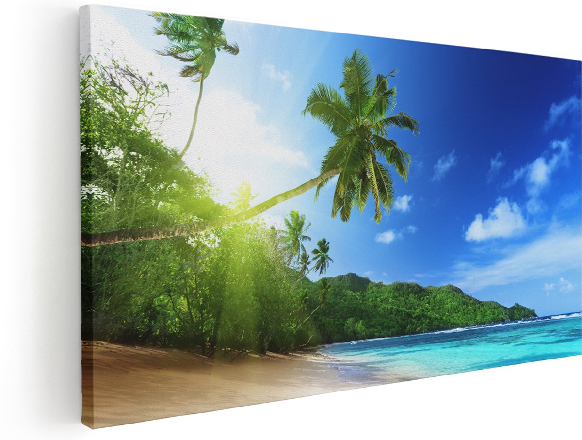 Artaza Canvas Schilderij Strand Tijdens Zonsondergang In Seychellen - 160x80 cm - Groot - Wanddecoratie Woonkamer - Schilderijen - Muurdecoratie