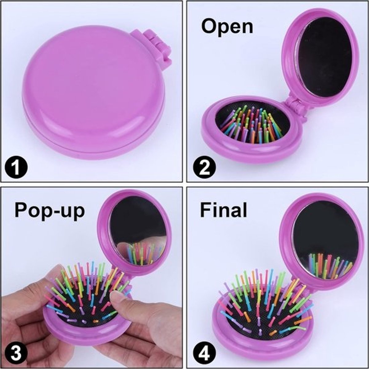 Set van 6 Opvouwbare Reis Haarbürstels met Geïntegreerde Make-up Spiegel