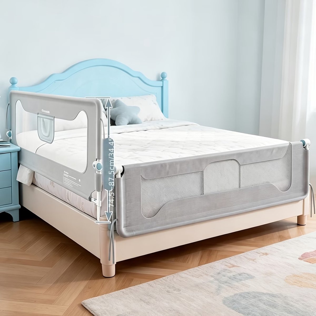 1 Opvouwbare Bedhek, 200cm/ Veiligheidsbeschermingsapparaat voor Bed, Opvouwbare Bedleuning - -val, Bedaccessoires, Bedhekjes, grijs