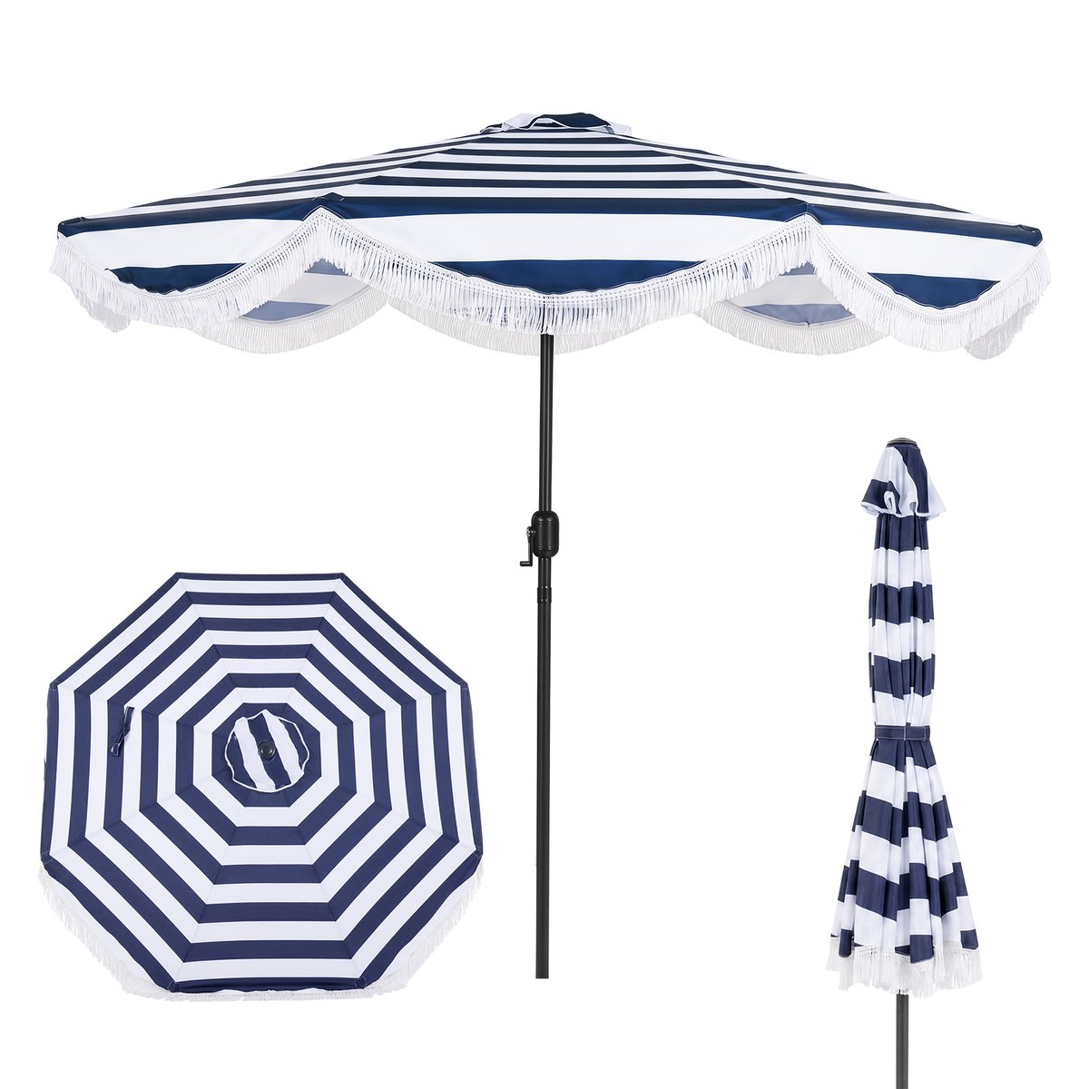 SureDeal® - Parasol - Zonnescherm Strandparasol Kantelbaar - Slinger Balkonparasol - Franjes Blauw - 278x234 cm - Blauw + Wit