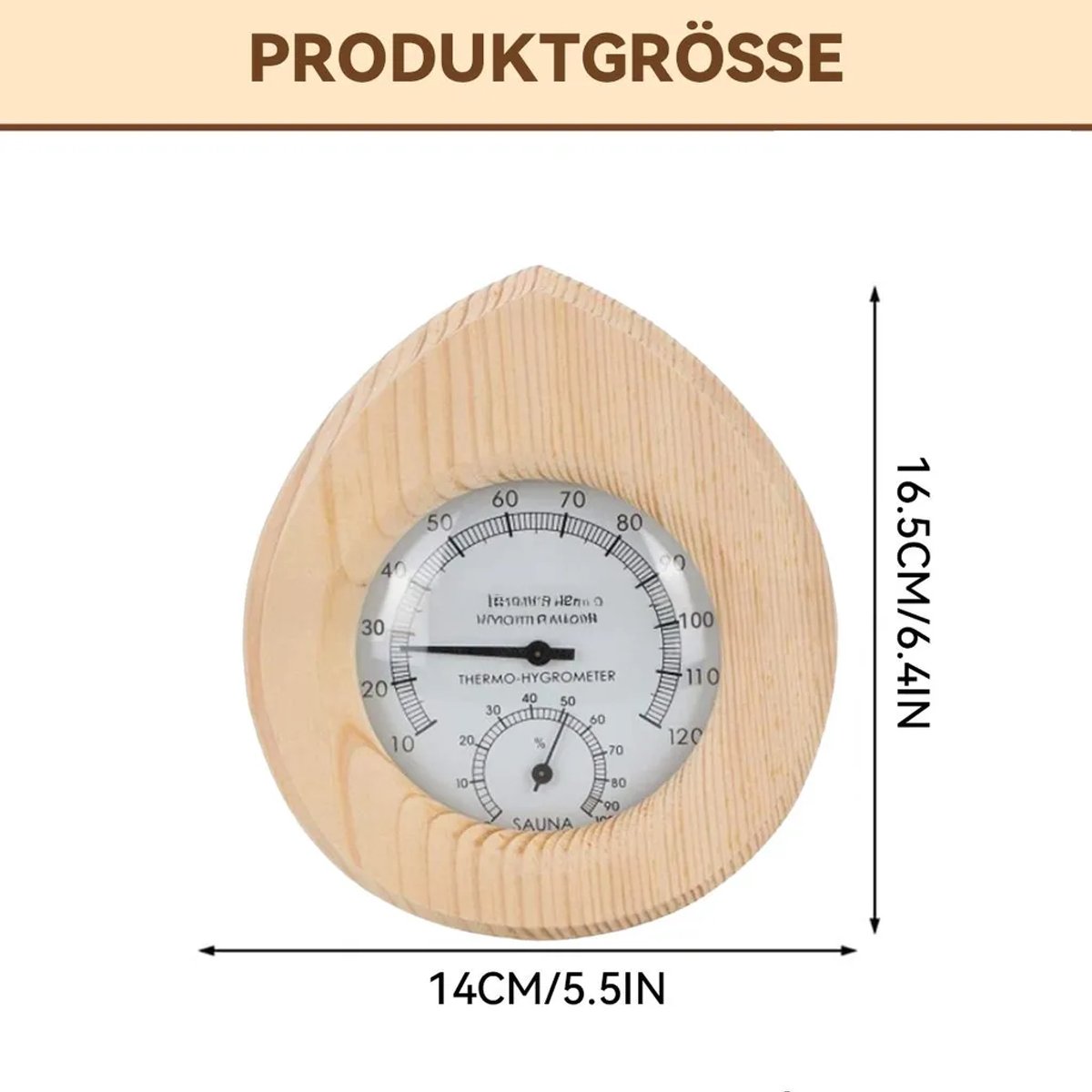 SaunathermoGeschikt voorer en -hygroGeschikt voorer, gemaakt van hout en gehard glas, Geschikt voor een extreem hoge nauwkeurigheid; een elegant saunaaccessoire.