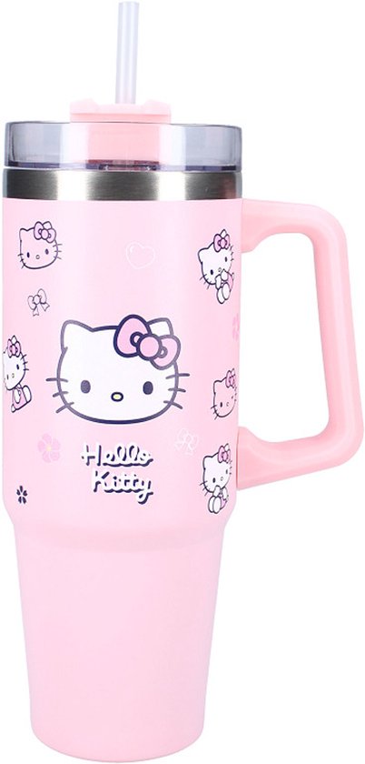 Roze Hello Kitty beker met handvat, afbeeldingen van Hello Kitty en strikjes, inclusief deksel en rietje.