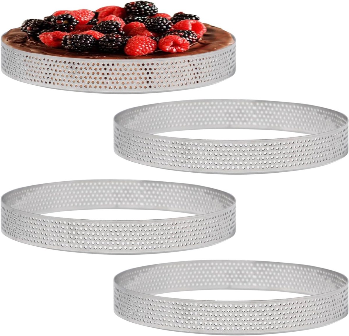 Set van 4 microgeperforeerde ringen Ø 15 cm van roestvrij staal voor taarten, gebak en pizza, ideaal voor muffins en mini-taarten