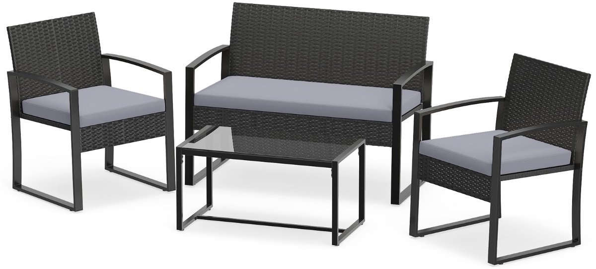 SureDeal® - Tuinset - Rotan Balkonset - Personen - Glazen Tafel Zitsbank - Fauteuils - 59x56,5x77,5 cm - Grijs
