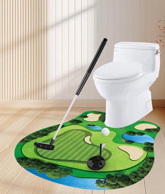 Toiletgolf, Toilet Golfspel, Mini Golfset voor op het Toilet, met Puttingmat, Putter, 2 Golfballen, Vlaggetje en Deurhanger, Grappig Cadeau voor Mannen en Golfliefhebbers — afbeelding 3