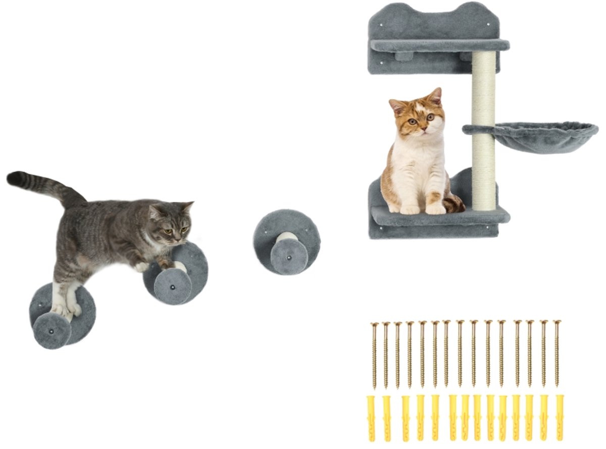 Klimtrap, klimwand, kattentrap, 4-delige set, met krabpaal en hangmat, grijs en crèmewit, 40 x 28 x 73 cm