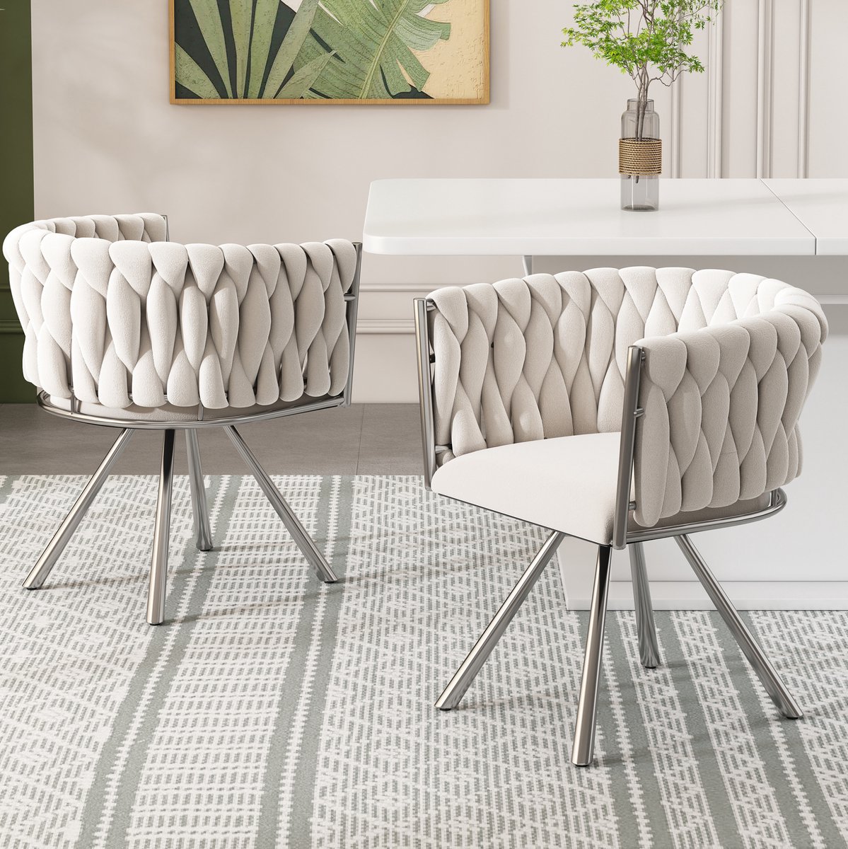 Wishdor Eetkamerstoel set van 2 - Kuipstoel met armleuningen - 360° draaibaar - Modern ontwerp voor eetkamer woonkamer - Velvet - Beige zilver - 59 x 54 x 72 cm