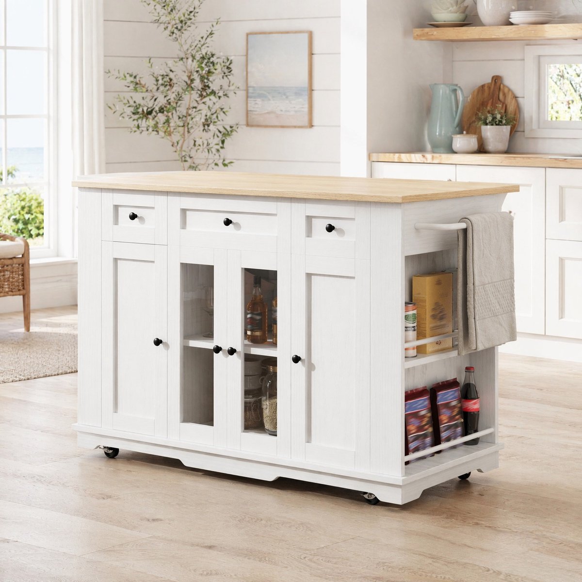 Wishdor Keukeneiland - Opklapbaar werkblad - Uitschuifbare opbergruimte - Modern design - Keuken eetkamer - MDF glas wit naturel - 151,5 x 60 x 91,7 cm