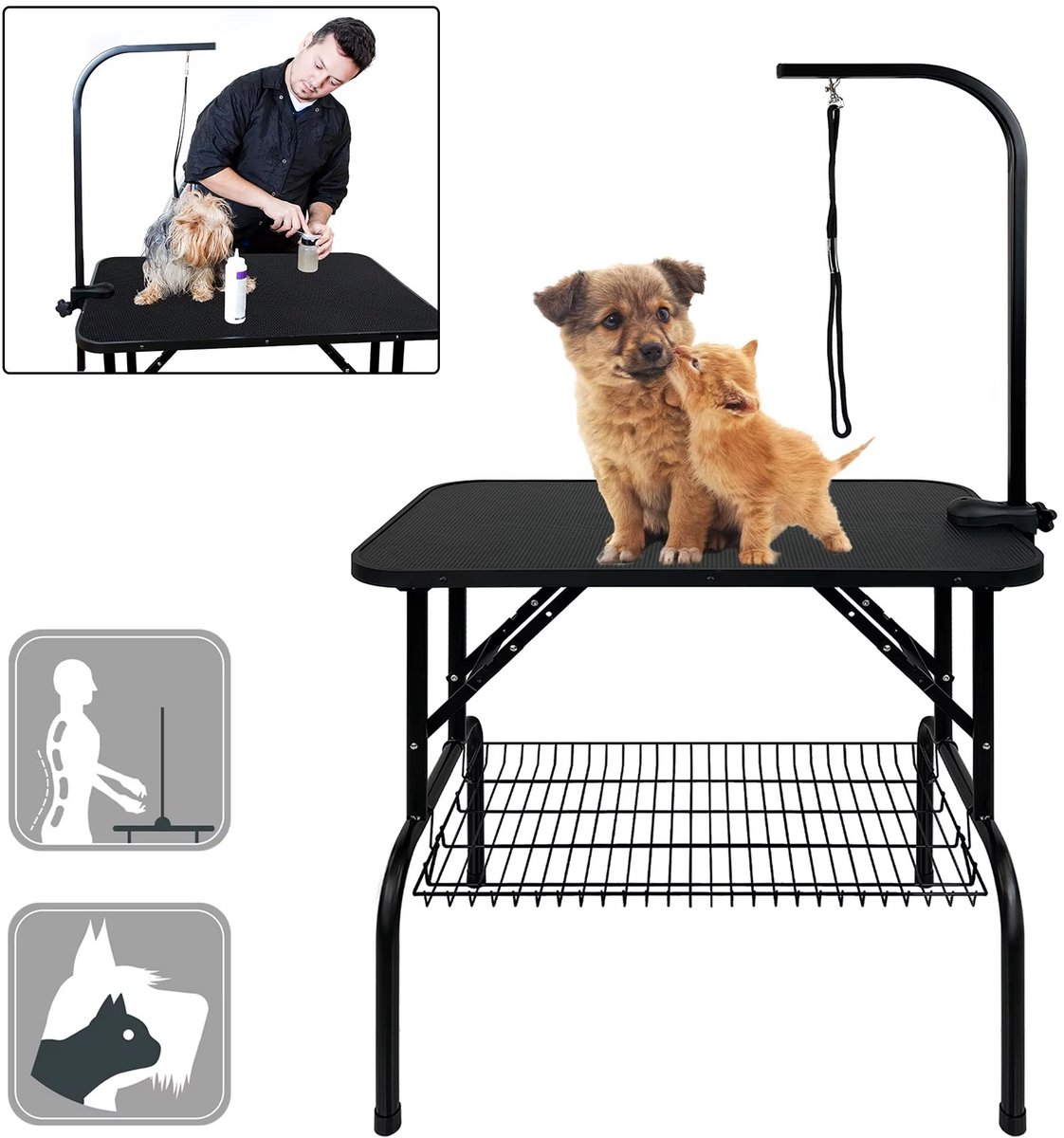 CreateEcom Trimtafel - verzorgingstafel - Inklapbare Hondenverzorgingstafel - in hoogte verstelbare Hondenverzorgingstafel met antislipblad - afneembare lus & gereedschapsplank - voor kleine en middelgrote honden en katten - 80.5 X 49.5 X 155 cm