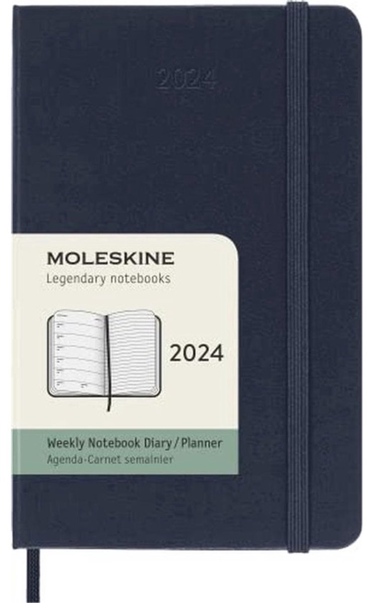 Wekelijkse agenda 2024 met notitieruimte, hardcover en elastische sluiting, saffierblauw - 9x14