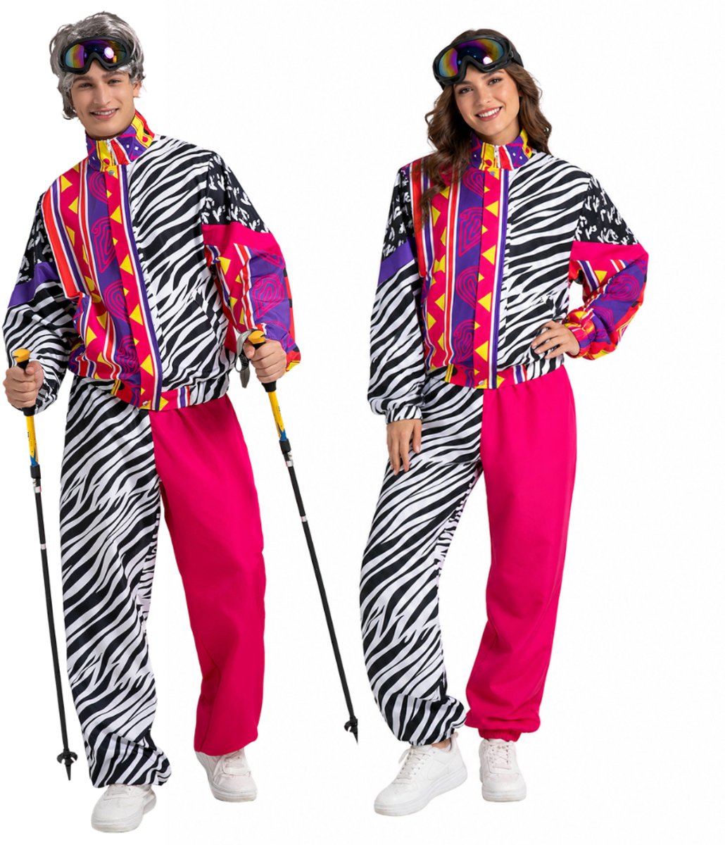 Joya Party® Retro Skipak Volwassenen | 80s 90s Verkleedpak Dames & Heren | Vintage Ski Kostuum Man en Vrouw | Inclusief Skibril | Après Ski Pak | Zebra Roze | Maat M/L