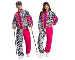 Joya Party® Retro Skipak Volwassenen | 80s 90s Verkleedpak Dames & Heren | Vintage Ski Kostuum Man en Vrouw | Inclusief Skibril | Après Ski Pak | Zebra Roze | Maat M/L