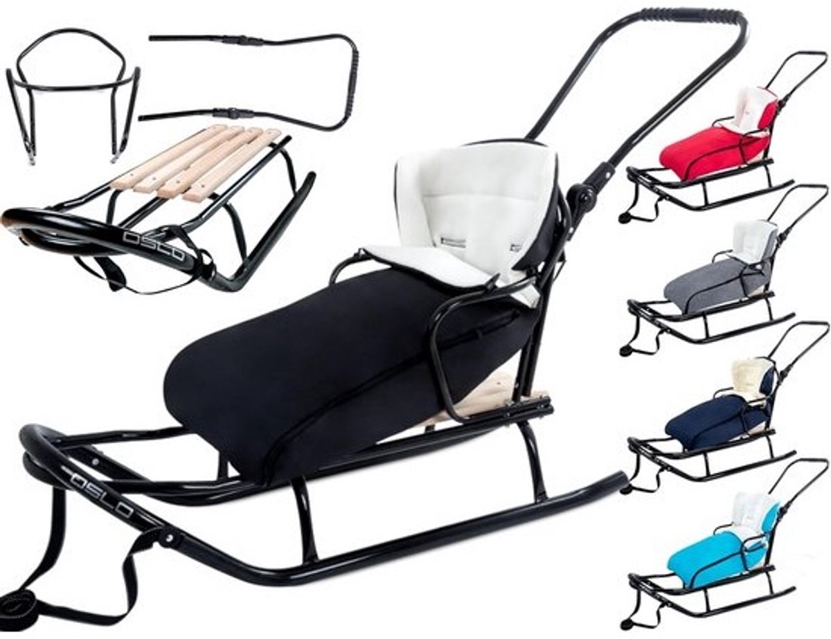 Metalen slee met rugleuning, duwstang en voetenzak voor baby's en volwassenen