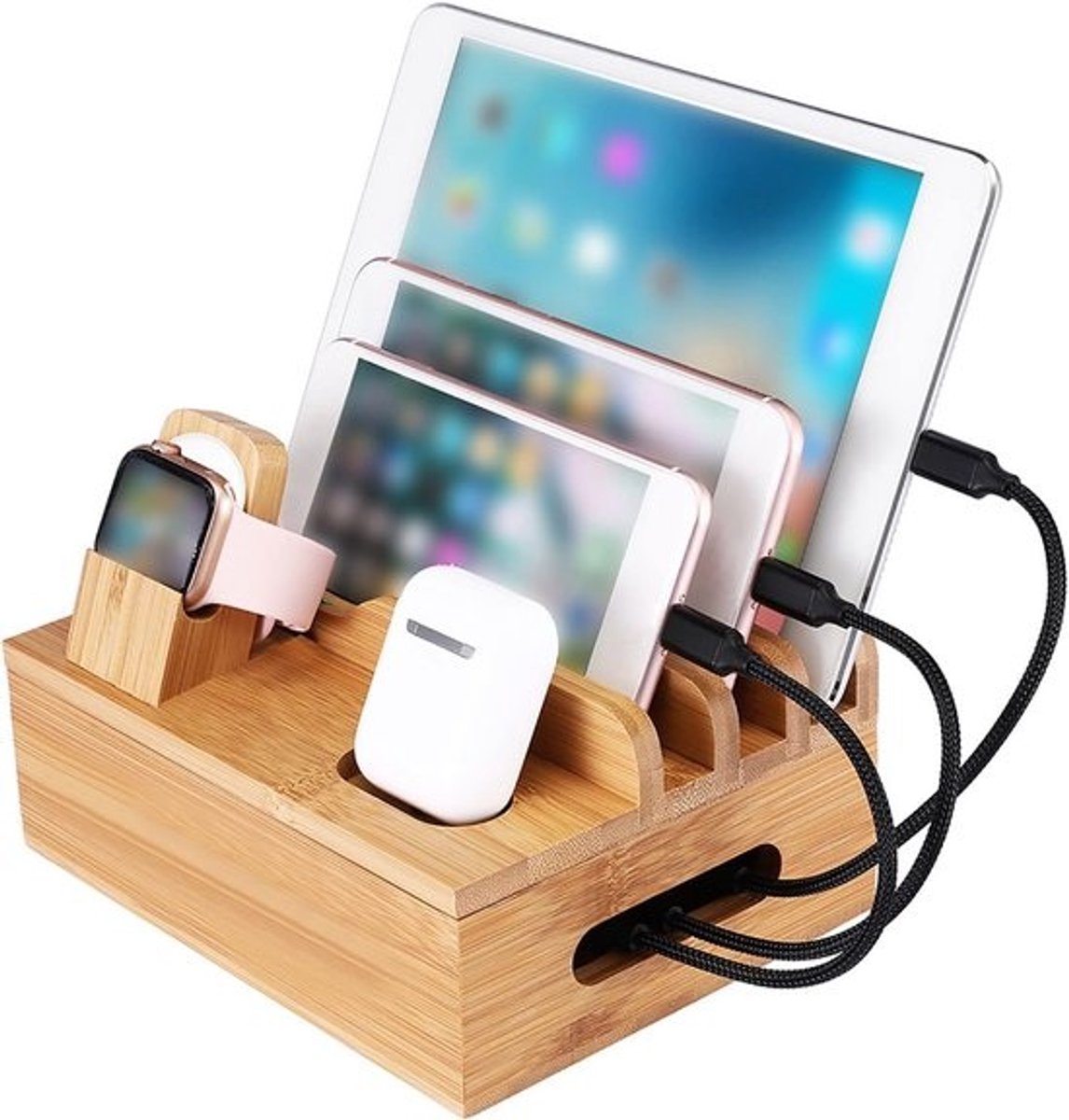 Houten Oplaadstation en Organizer voor Meerdere Apparaten