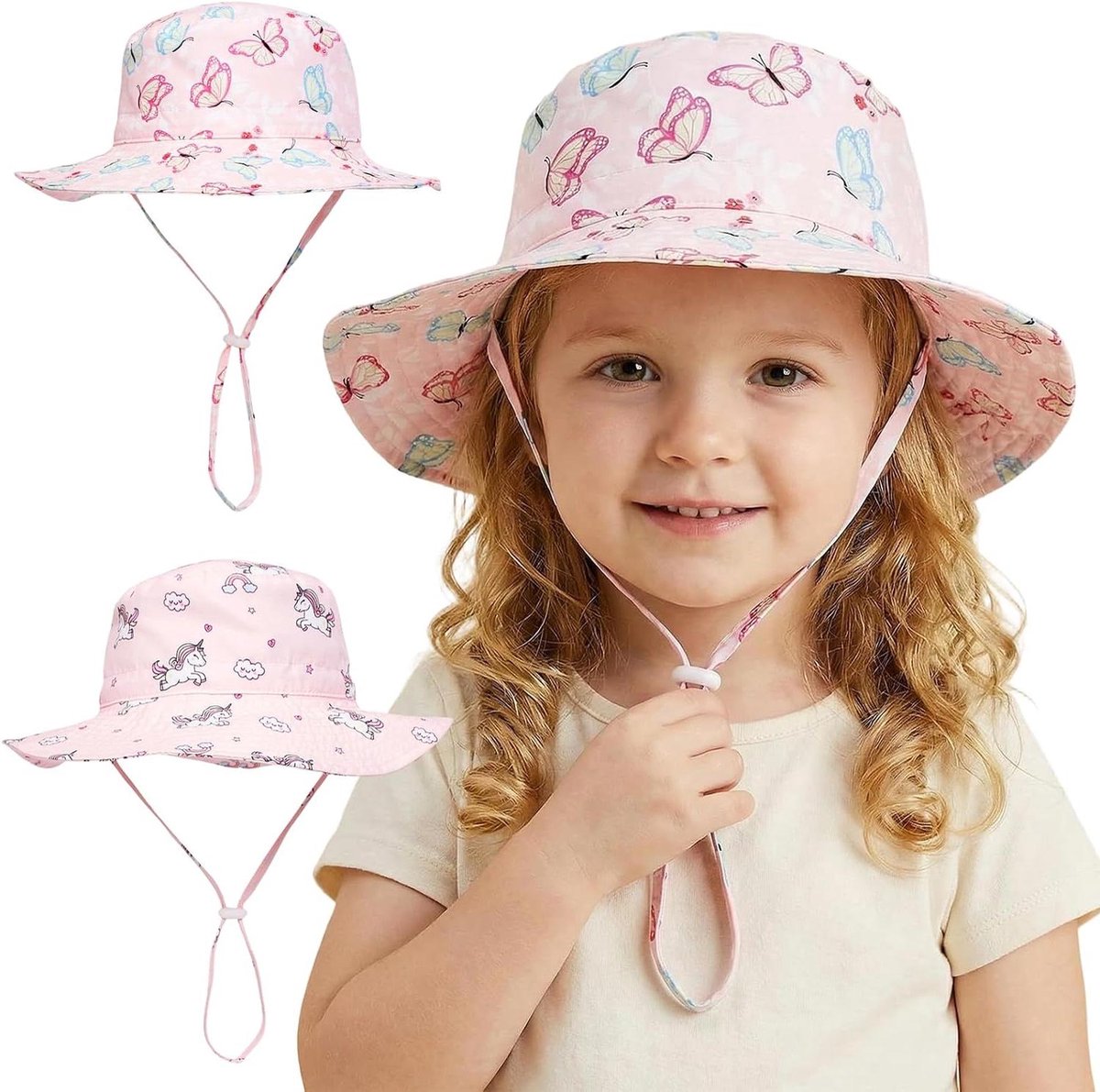 Babyhoedjes Meisjes - Zomerhoed Kinderen - Bescherming tegen zon - Brede rand verstelbaar - 2 stuks - Roze