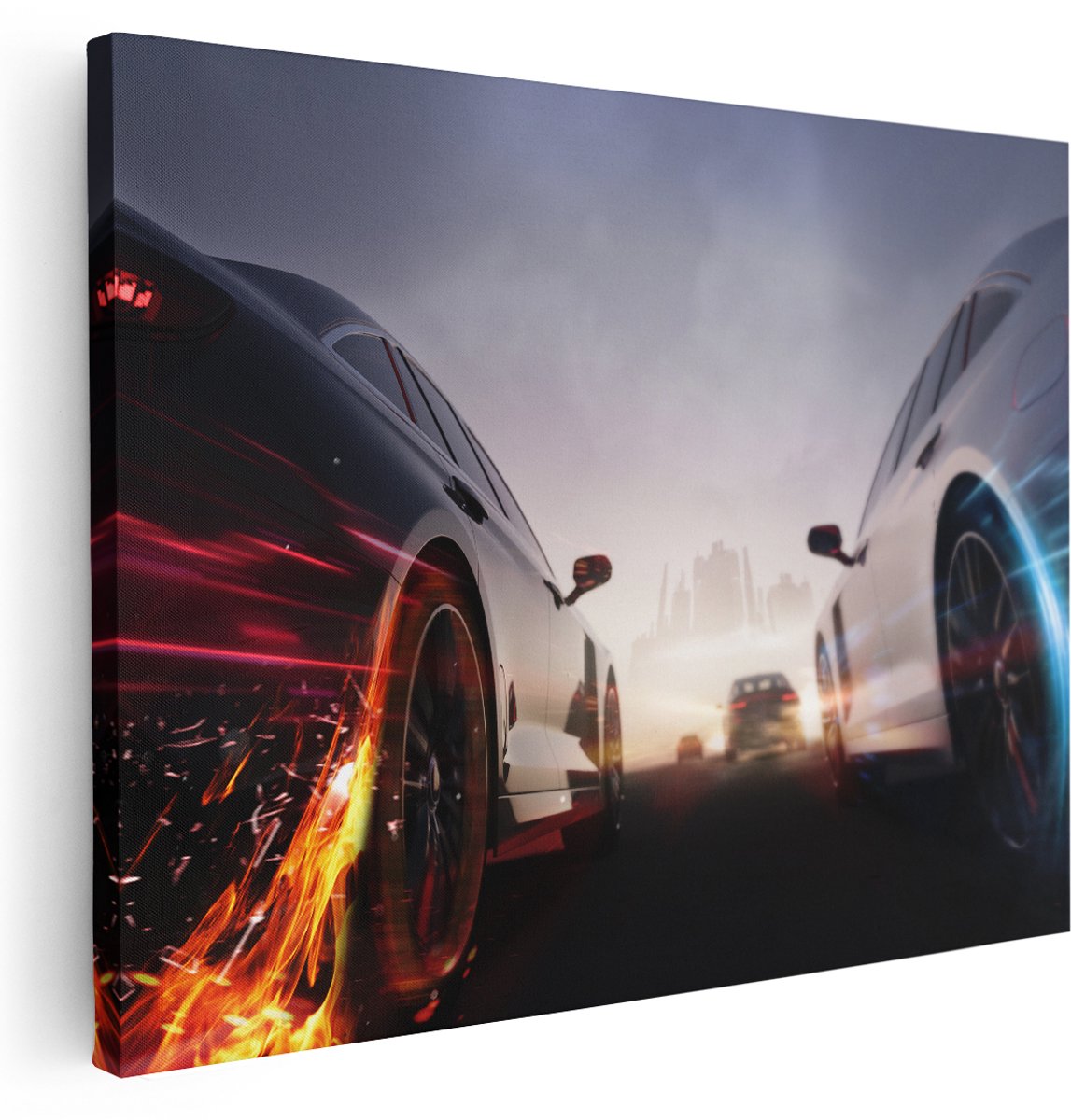 Artaza Canvas Schilderij Twee Raceauto's - Blauw Tegen Rood - 160x120 cm - Groot - Wanddecoratie Woonkamer - Schilderijen - Muurdecoratie