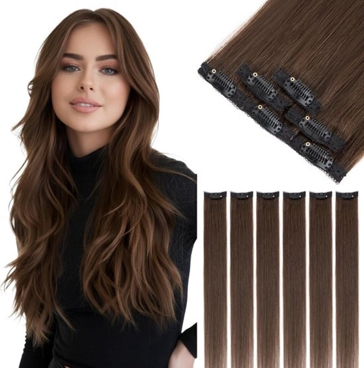 Clip-in Menselijk Haarverlengingen 6 Stuks - 100% Echt Haar Bundels Donkerbruin