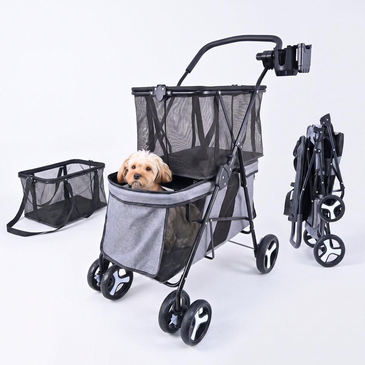 Gotrolly Boodschappentrolley - Dubbele Mand - Bekerhouder - Hondenkar - Geschikt voor Huisdieren - Grijs