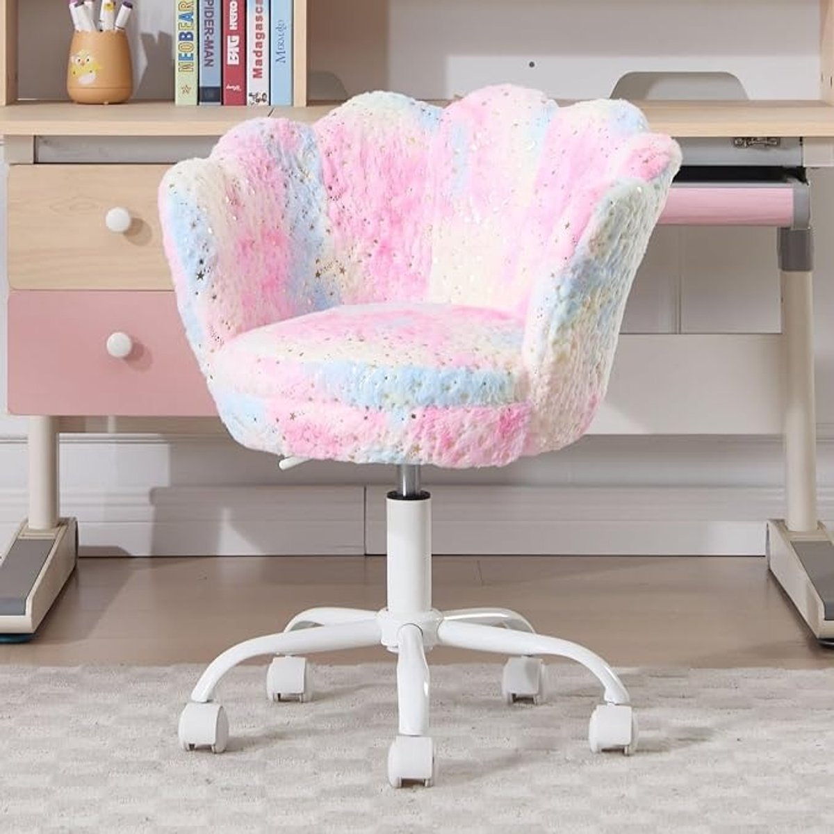 Bureaustoel Roze - Moderne Draaistoel met Bloemvormige Rugleuning - Zachte Pluche Bekleding - Comfortabele Werkstoel voor Kinderkamer, Slaapkamer, Bureau en Thuiskantoor