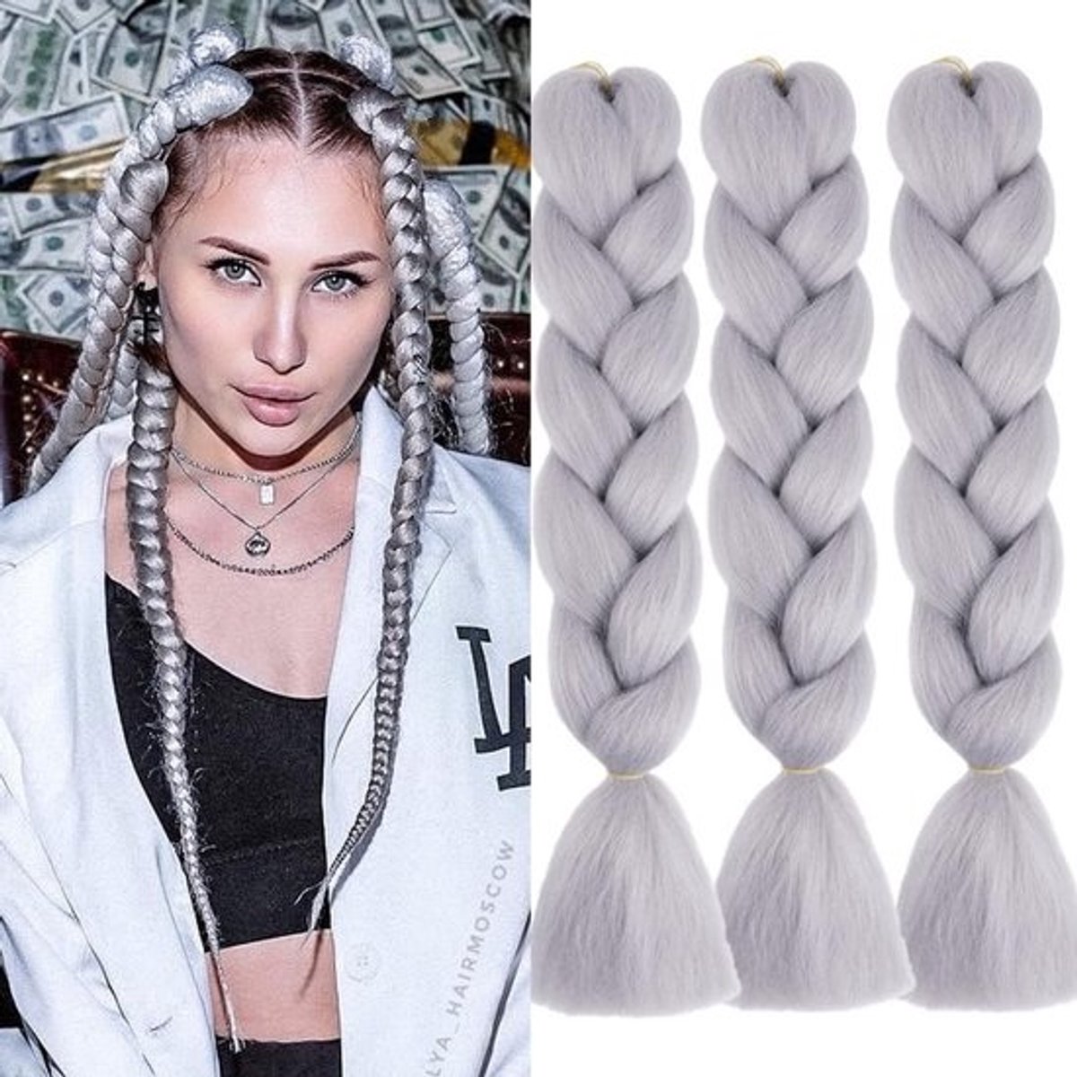 Zilvergrijs Voorgerekt Synthetisch Haar voor Vlechten en Extensions - 61 cm, 3 Bundels