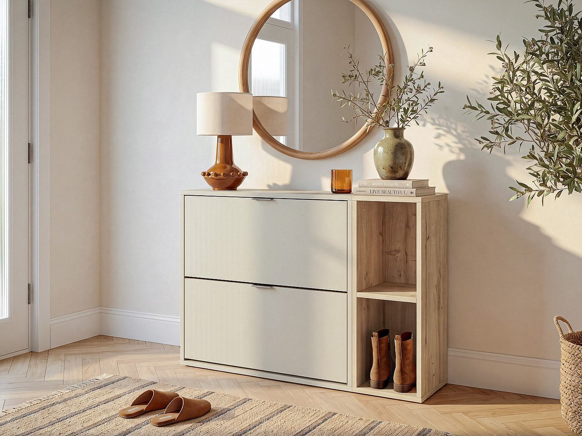 Vente-unique Schoenenkast met 2 klapcompartimenten en 2 nissen - Beige en Natuurlijk licht JALIDO