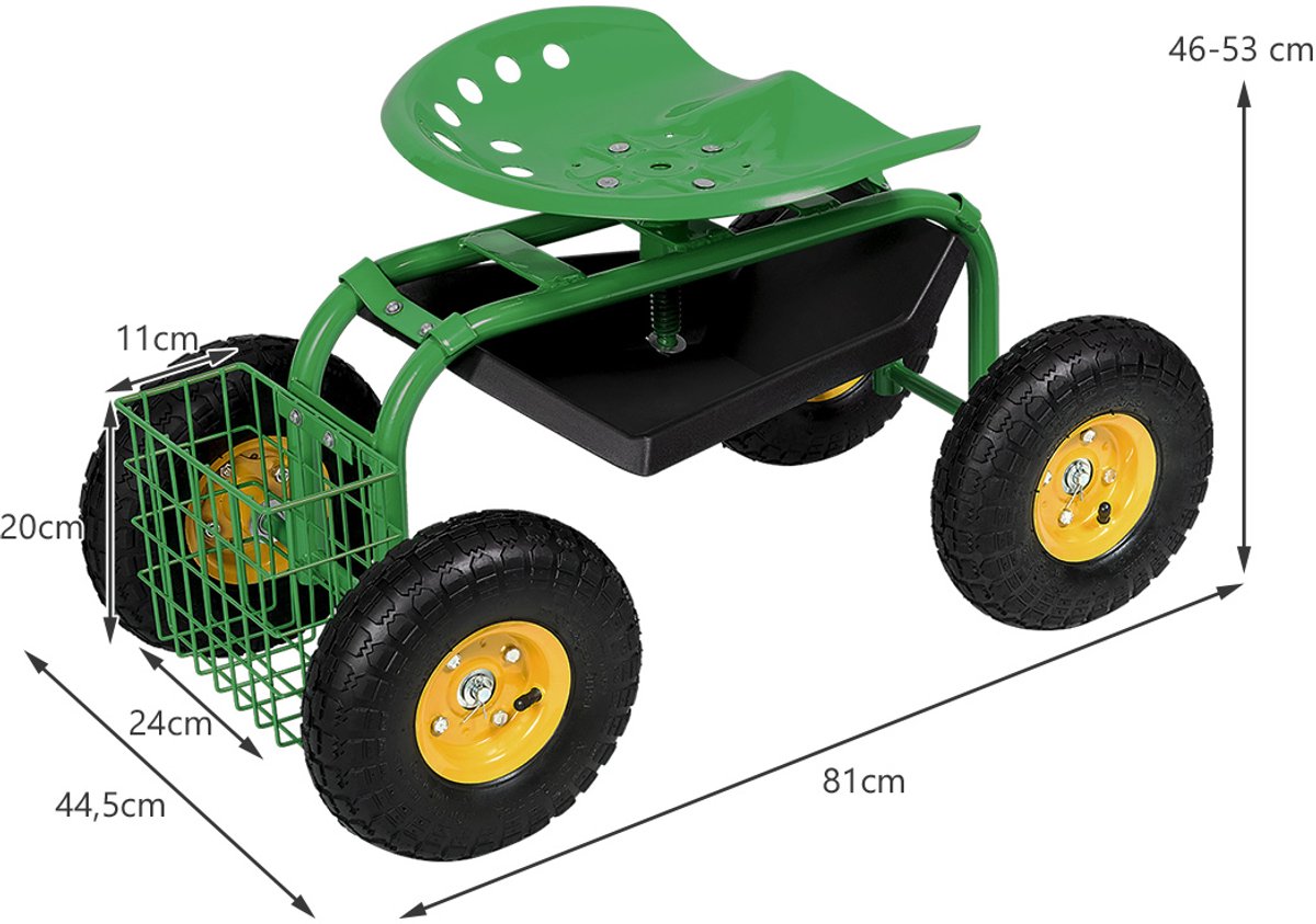 SureDeal® - Tuinier - Verrijdbare Tuinstoel - Verstelbare Hoogte Tuintrolley - Draaibare Zitting Beklede - 81x44,5x46 cm - Groen