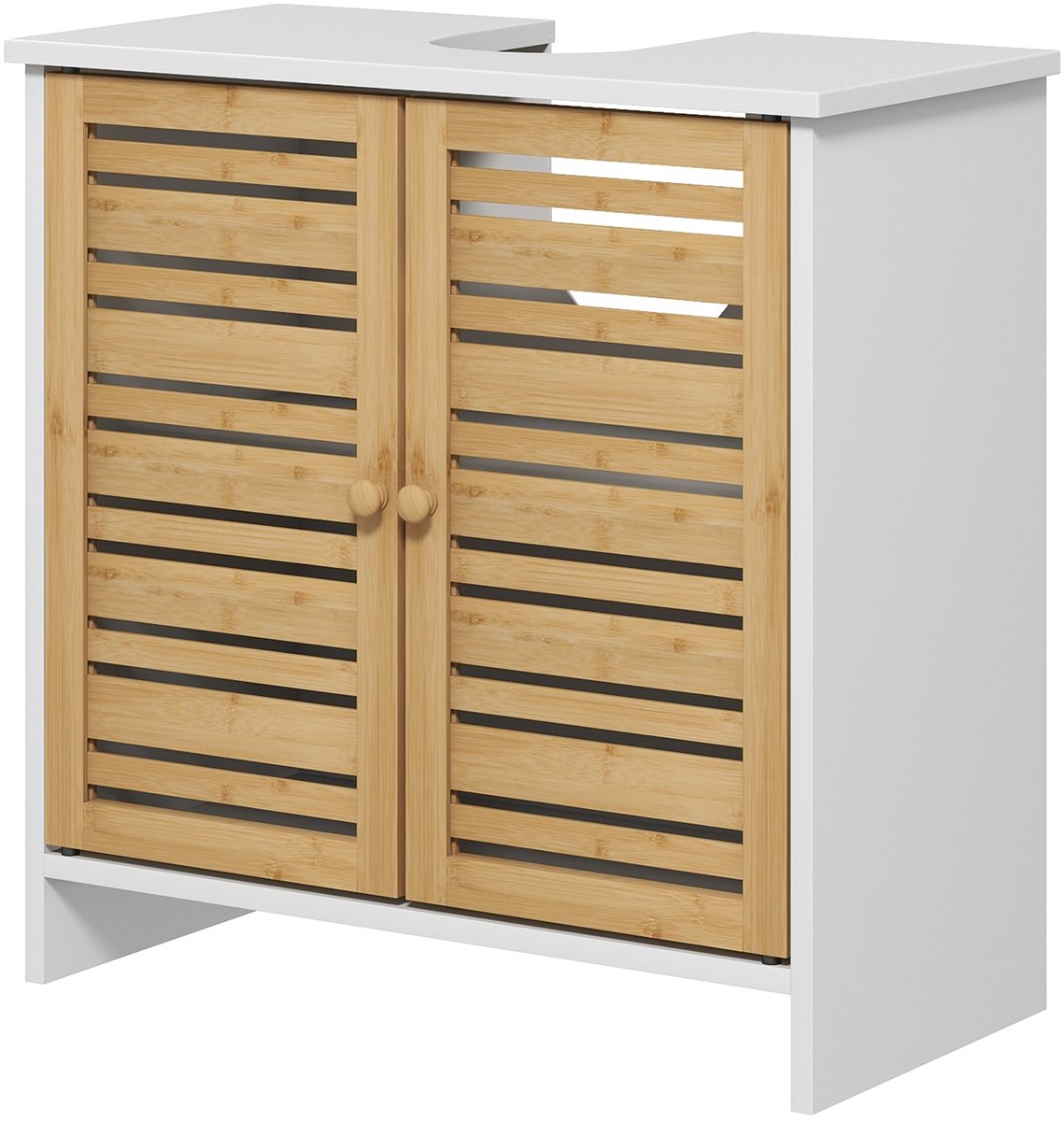 Wastafelonderkast 2 deuren met verstelbare plank - opbergkast voor wastafel - 60 x 30 x 60 cm - van natuurlijk bamboe en wit