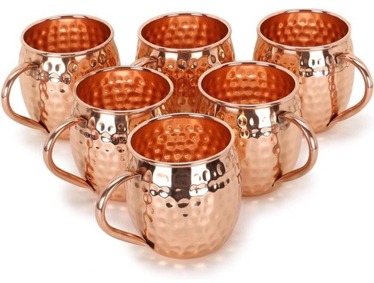 6 Pure Koperen Beker Set met Hamergefreesde Afwerking - Ideaal voor Cold Drinks en Geschenken