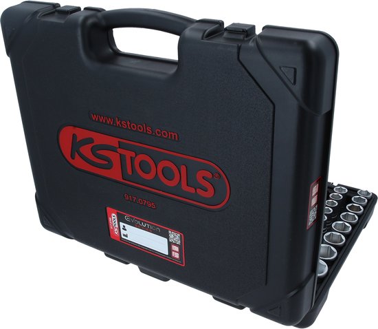 Gesloten zwarte koffer met het rode KS TOOLS logo en website. De koffer is deels geopend met doppen zichtbaar.