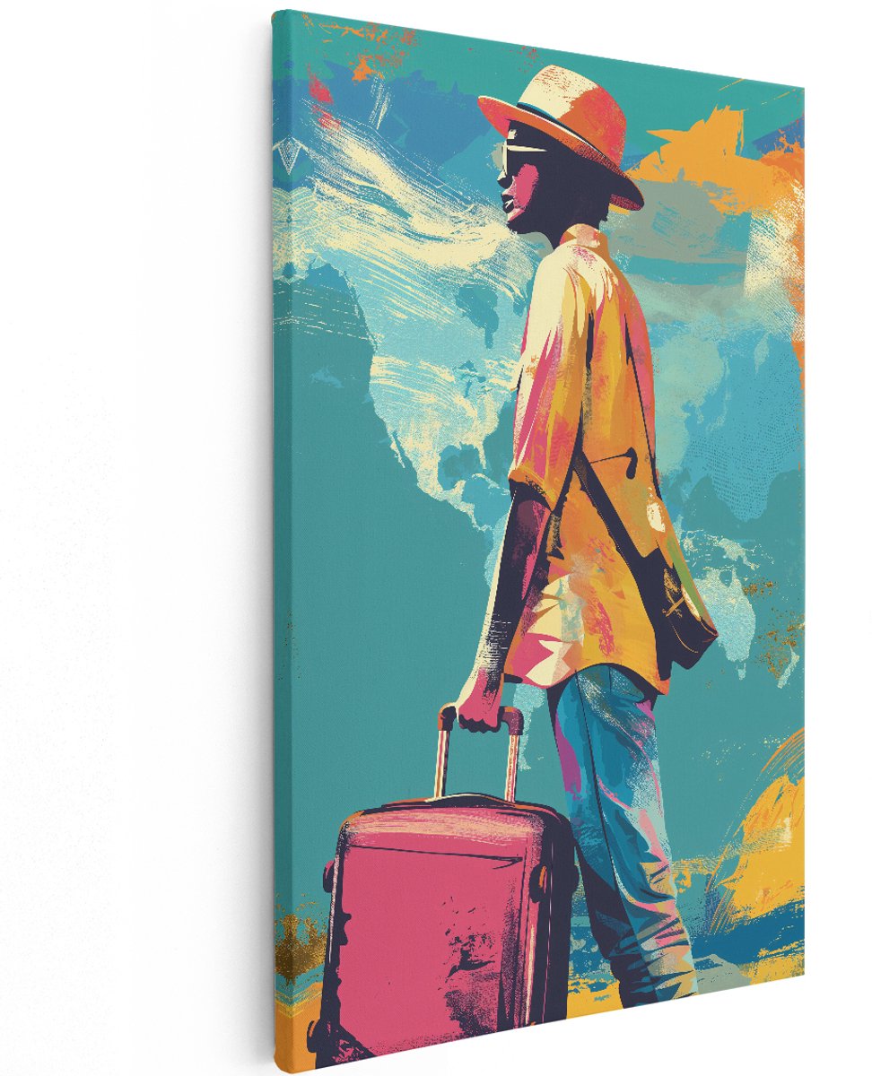 Artaza Canvas Schilderij Reiziger - 120x180 cm - Groot - Wanddecoratie Wereldkaart - Muurdecoratie Pop Art - Decoratie Kleurrijk Schilderij