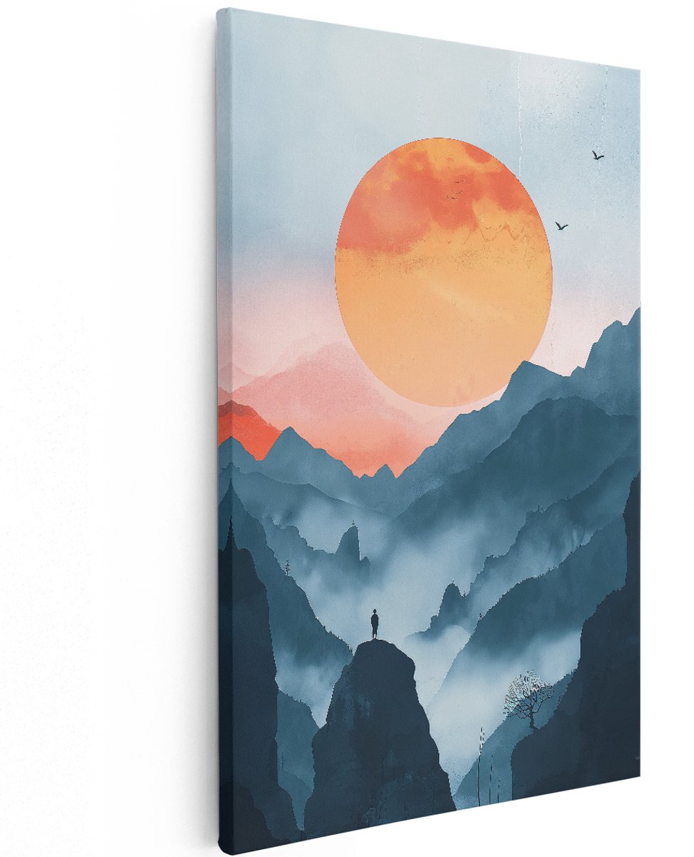 Artaza Canvas Schilderij Berglandschap - 120x180 cm - Groot - Wanddecoratie Japandi - Muurdecoratie Zonsondergang - Decoratie Abstract Oranje