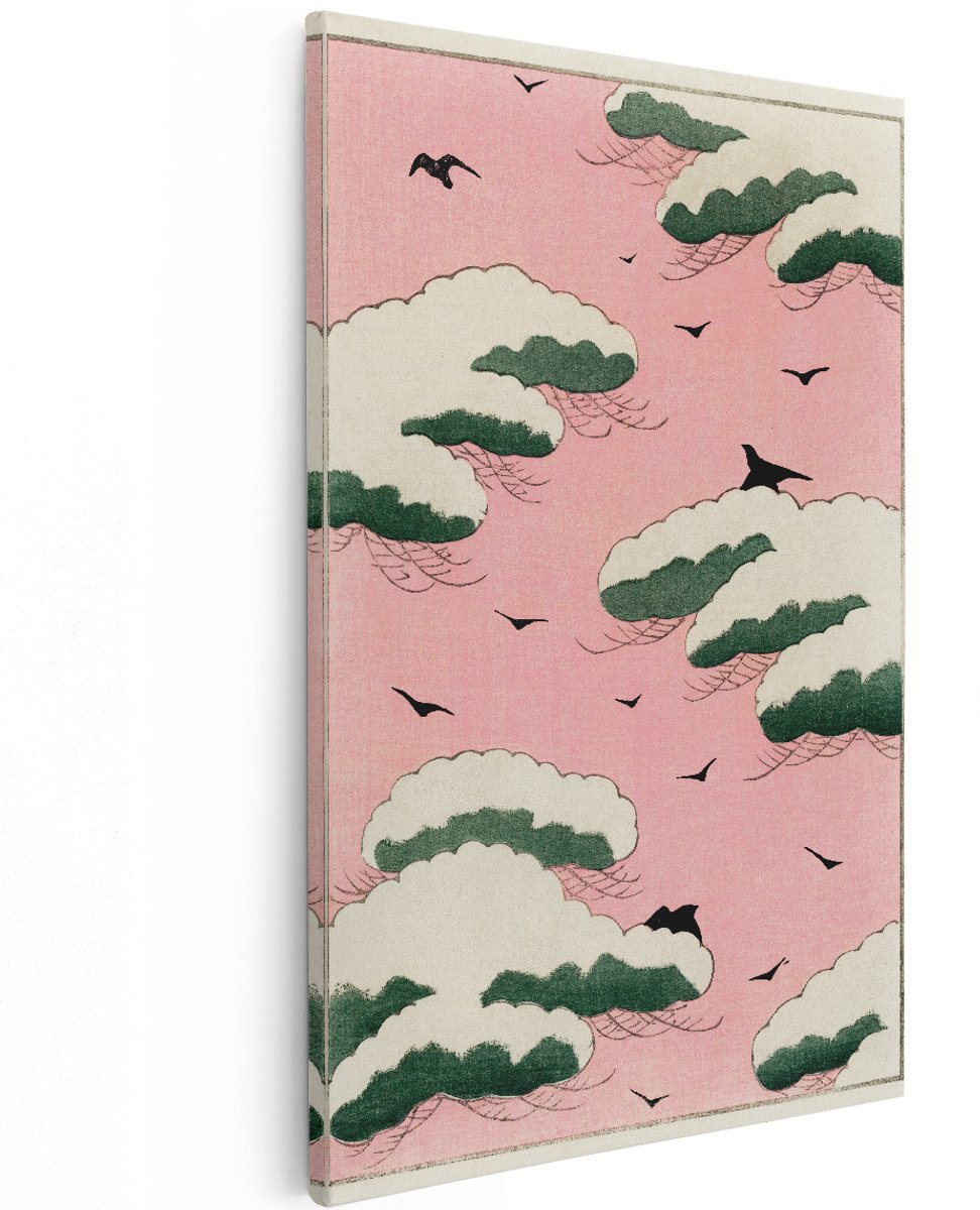 Artaza Canvas Schilderij Vogels - 120x180 cm - Groot - Wanddecoratie Japandi - Muurdecoratie Vintage - Decoratie Roze Wolken - Schilderijen Op Canvas