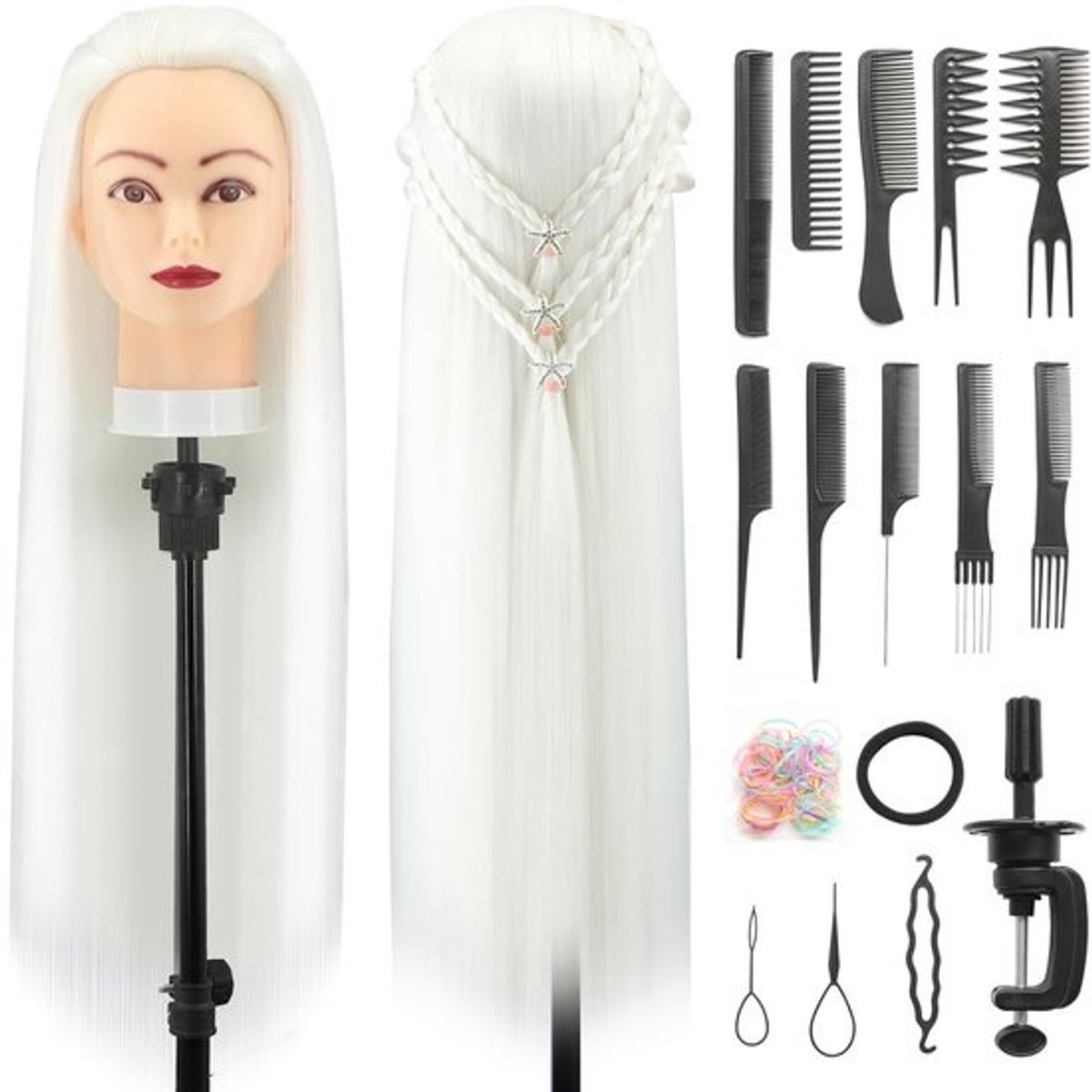 Dailygoods- Kappershoofd 28 Inch - Oefenhoofd 100% Synthetische Vezels - Kappersset met Tafelklem - Haarvlechtset - Trainingskop - Geschikt voor Cosmetica Studenten