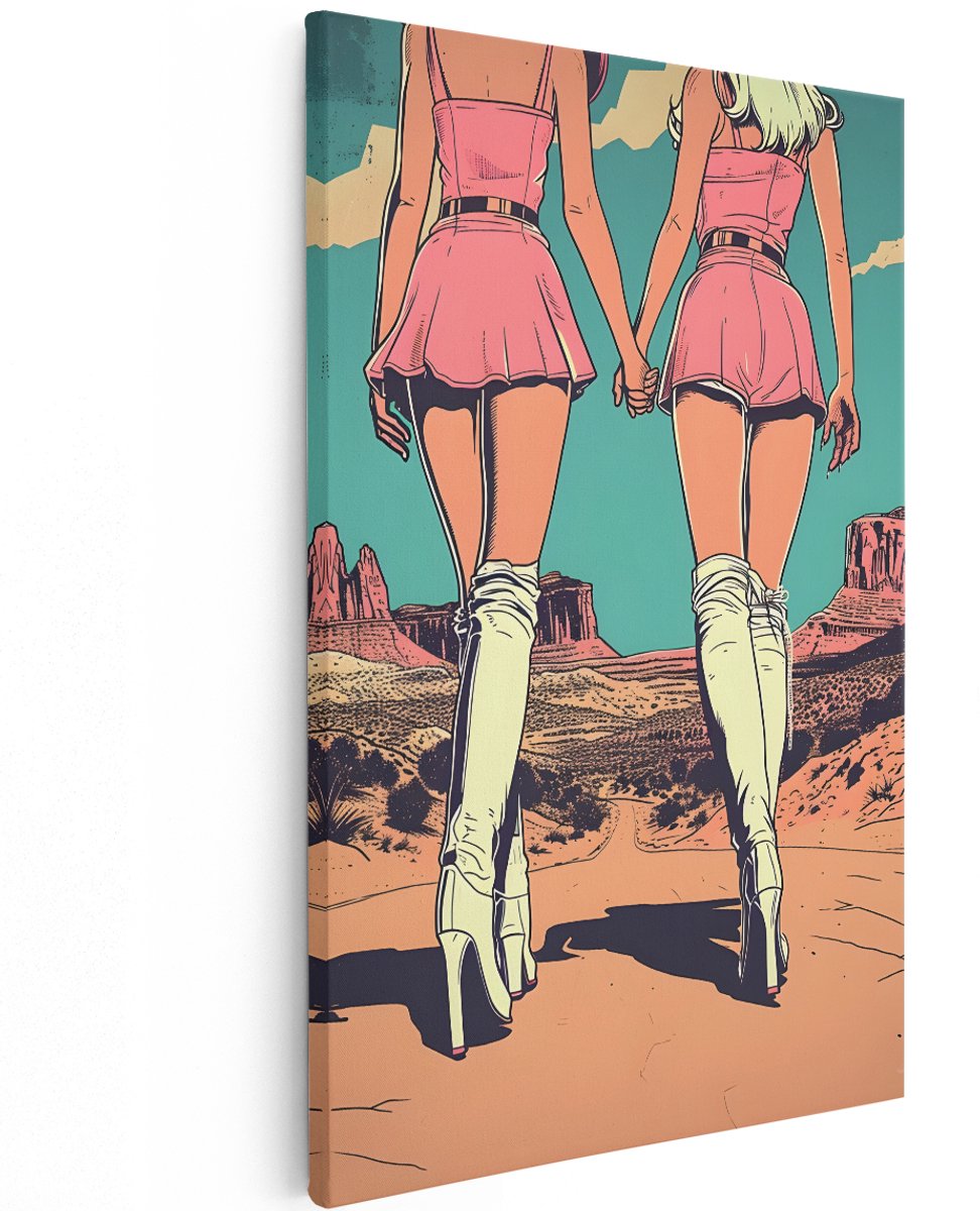 Artaza Canvas Schilderij Vrouwen - 120x180 cm - Groot - Wanddecoratie Popart - Muurdecoratie Woestijn - Retro Schilderijen Op Canvas - Roze