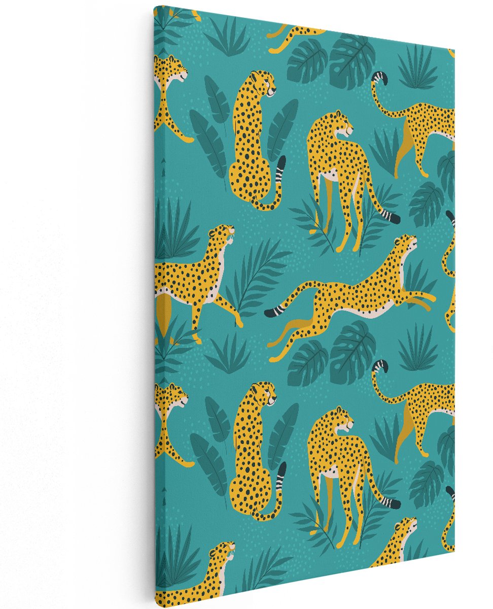 Artaza Canvas Schilderij Cheetah - 120x180 cm - Groot - Wanddecoratie Dieren - Muurdecoratie Jungle - Luipaard Decoratie Botanisch - Turquoise
