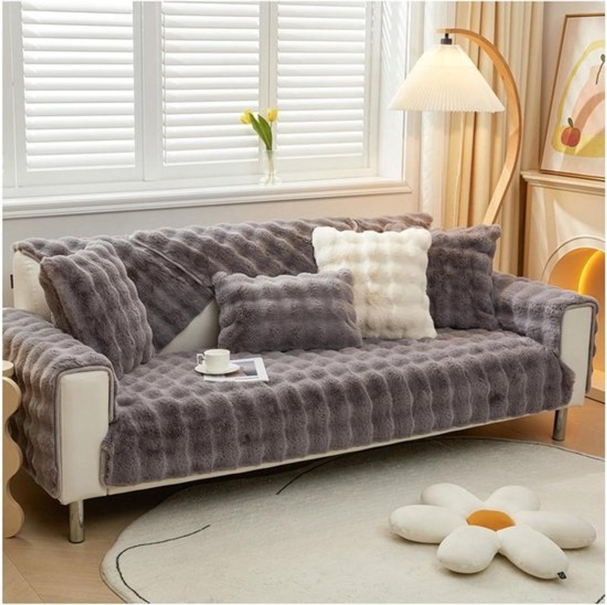 Pluche Bankhoes - Gezellige Sofa Cover - Bank Beschermen - Antislip Onderkant - 70 x 70 cm - Donkergrijs