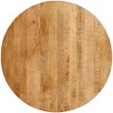 Rond tafelblad van lichtbruin mangohout met verticale houtnerf en een natuurlijke afwerking.