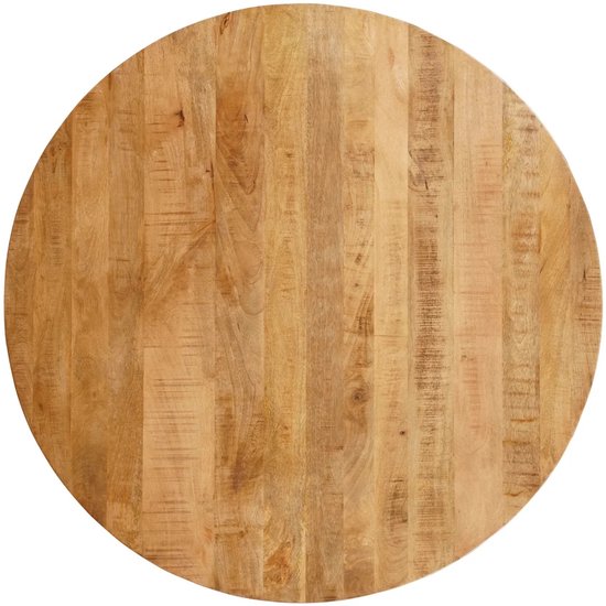 Rond tafelblad van lichtbruin mangohout met verticale houtnerf en een natuurlijke afwerking.