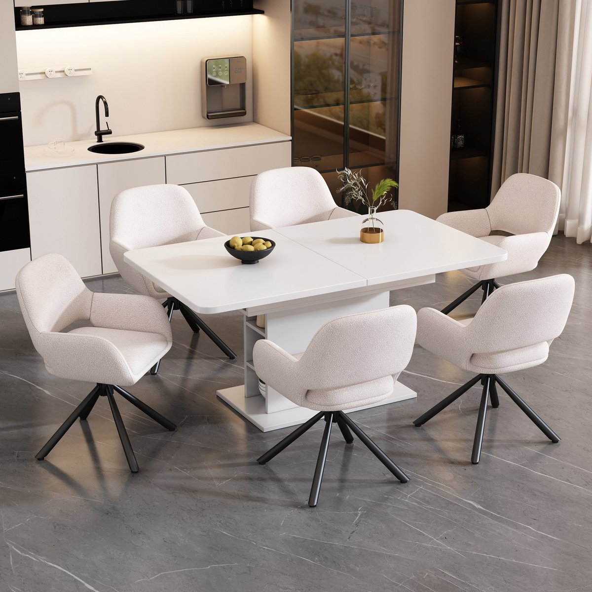 Wishdor Eetkamerset met 1 tafel en 6 stoelen - Uitbreidbaar en met opbergruimte - Sherpa en metalen poten - Modern - Eetkamer woonruimte - Wit