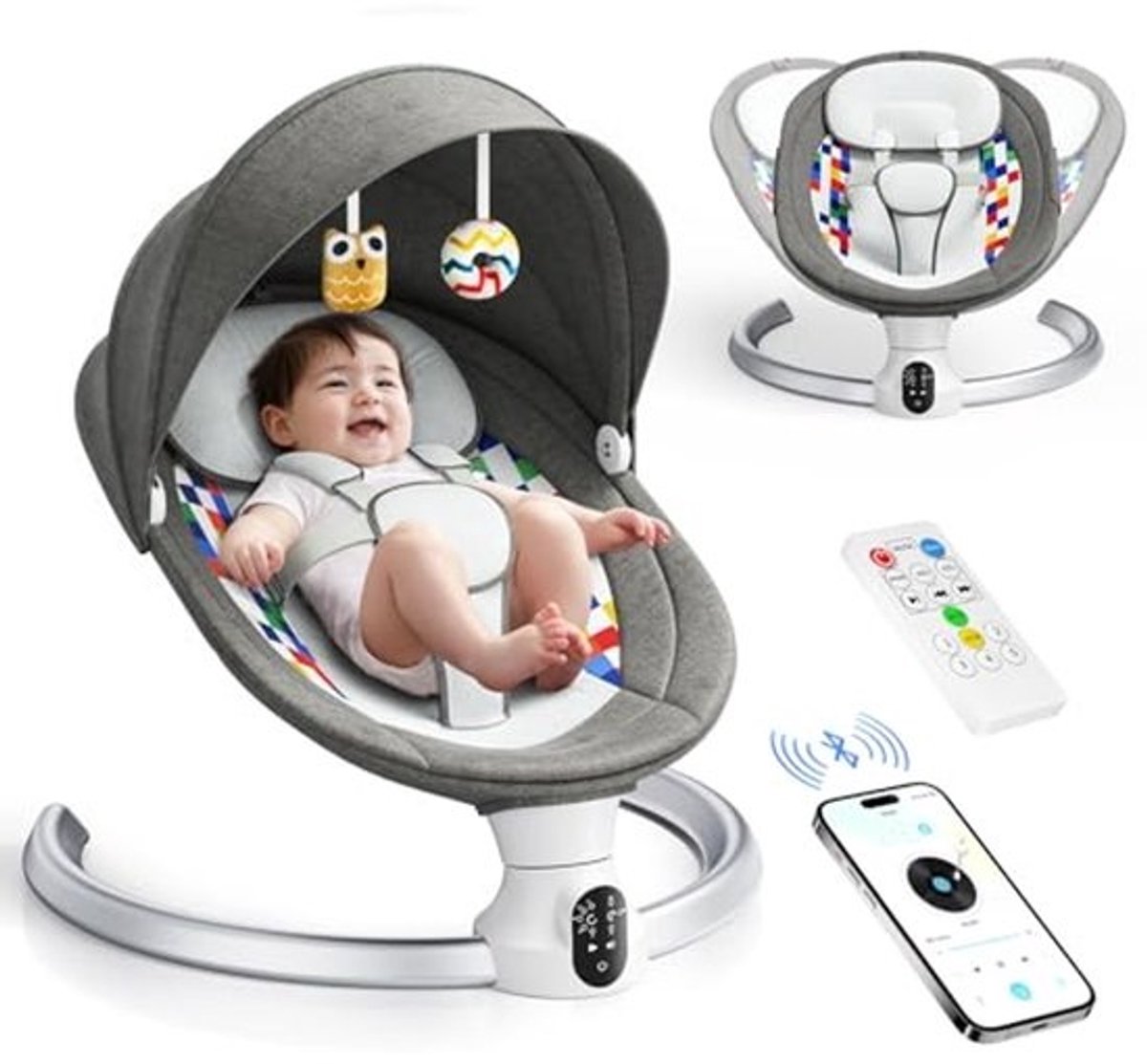 Helangel Babyschommelbank, elektrisch, lichtgrijs, met afstandsbediening en draadloos, voor app-besturingsstijl, voor kinderen tot 9 kg gewicht, met 5-punts veiligheidsgordel
