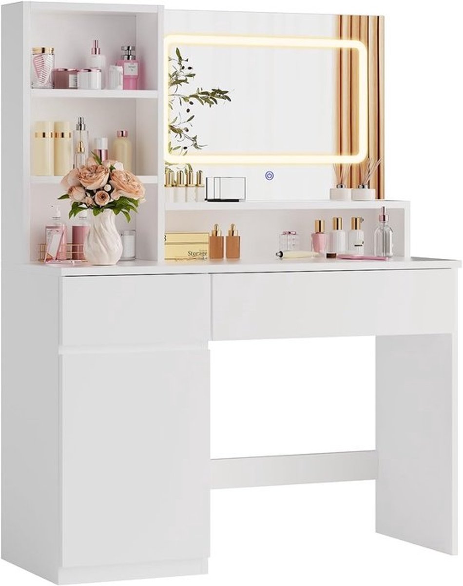 Make-uptafel met LED-spiegel en verstelbare helderheid, 2 laden en kast, modern en praktisch, wit