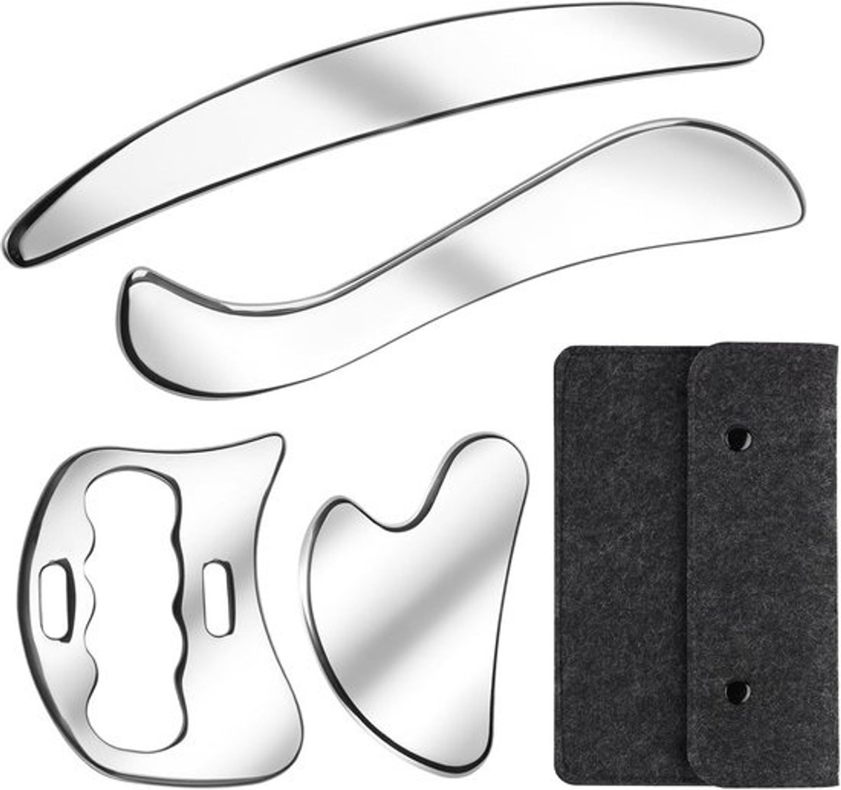 Gua Sha Roestvrij Staal - Fascia Tool Set - Spierontspanning Thuis - 4 Ergonomische Vormen - 4 Delig - Zilverkleurig
