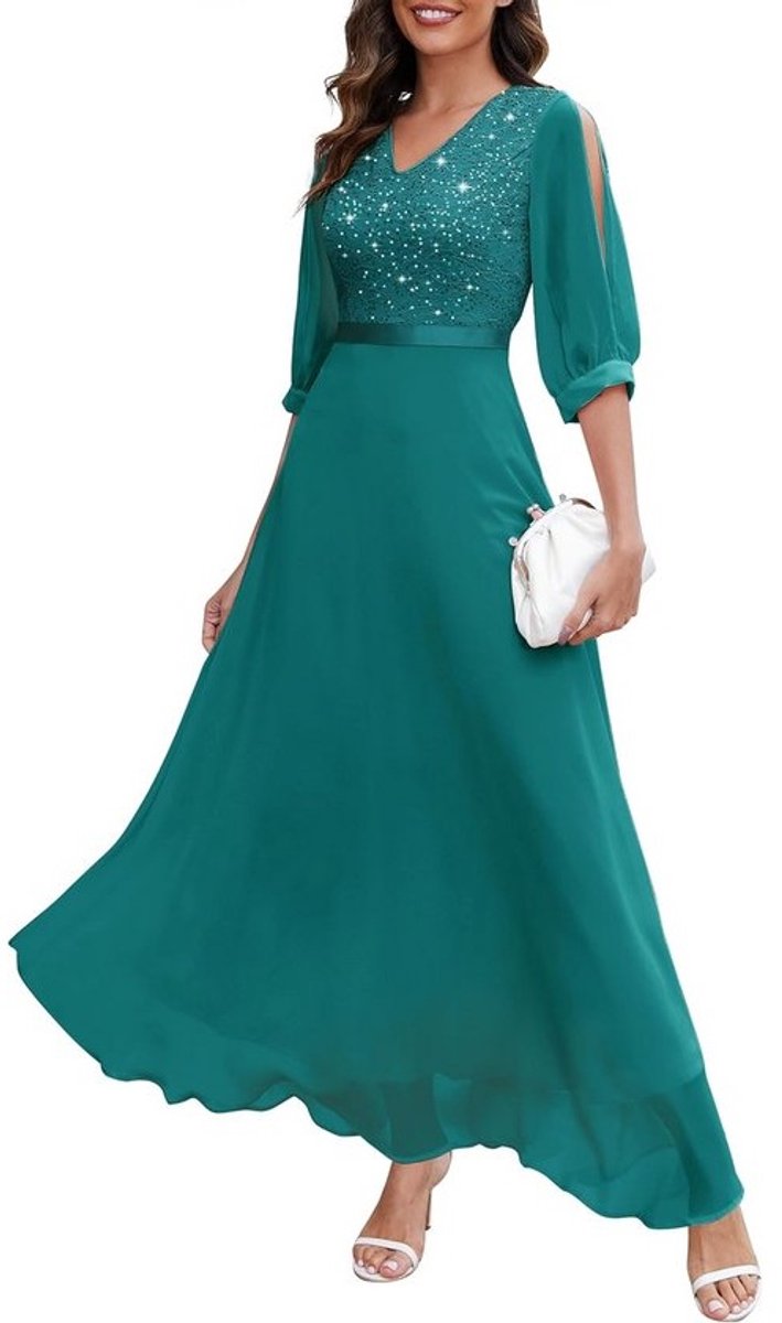 Elegante Chiffon Avondjurk met V-hals en Kantdetails voor Bruiloft en Feest