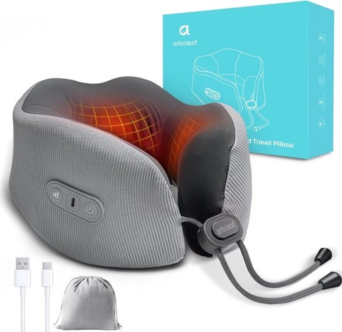 Verwarmd Nekkussen met Geheugenschuim voor Reis, 360° Ergonomie, USB-C Oplaadbaar voor Kantoor, Ideaal tegen Nekpijn, Inclusief Opbergtas Grijs