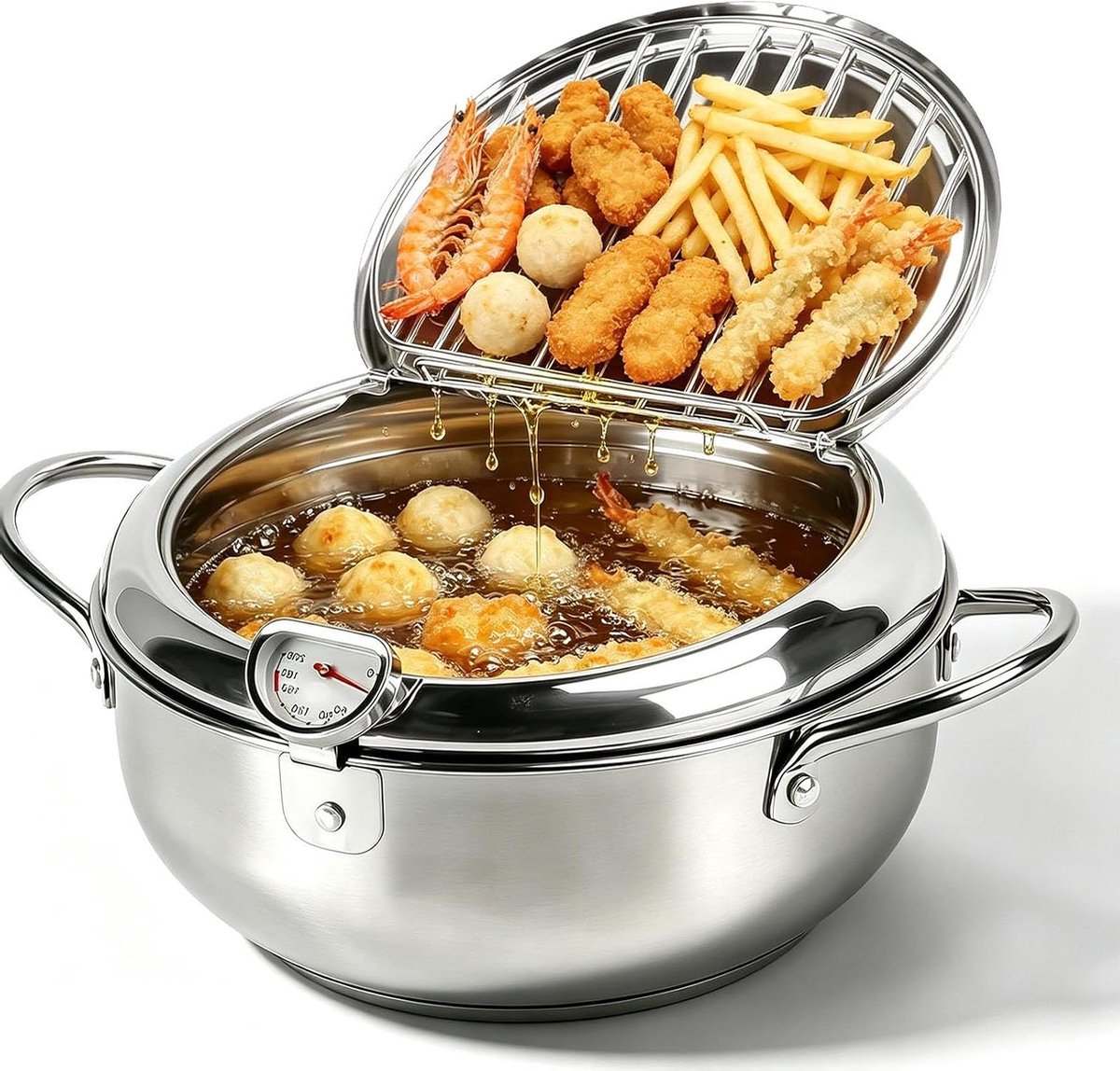 RVS Frituurpan - Tempura Pot - Lekker Frituren - Met Thermometer - 2.2 Liter - Zilver