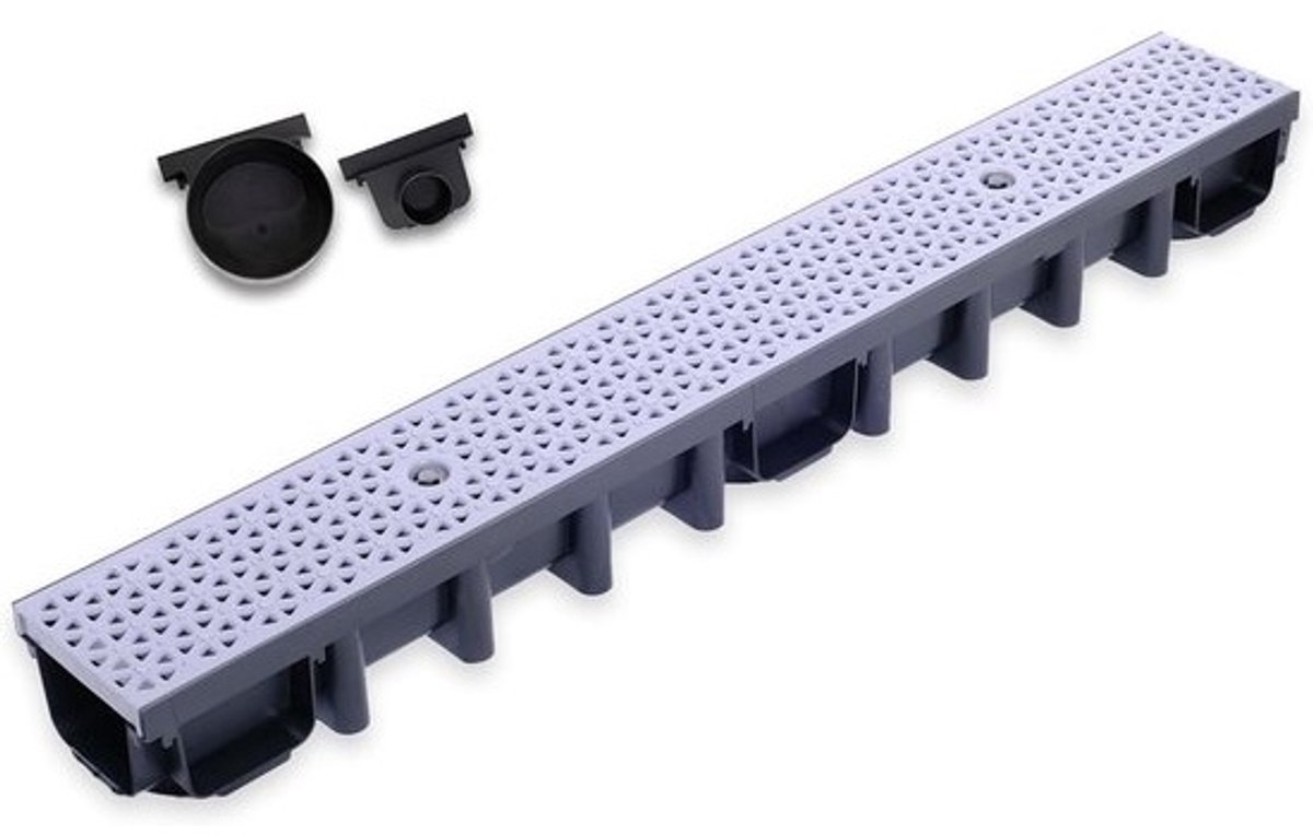 Moderne afvoergoot 98 mm voor tuin en terras, geschikt voor auto's - 1 meter met 2 afvoeraansluitingen