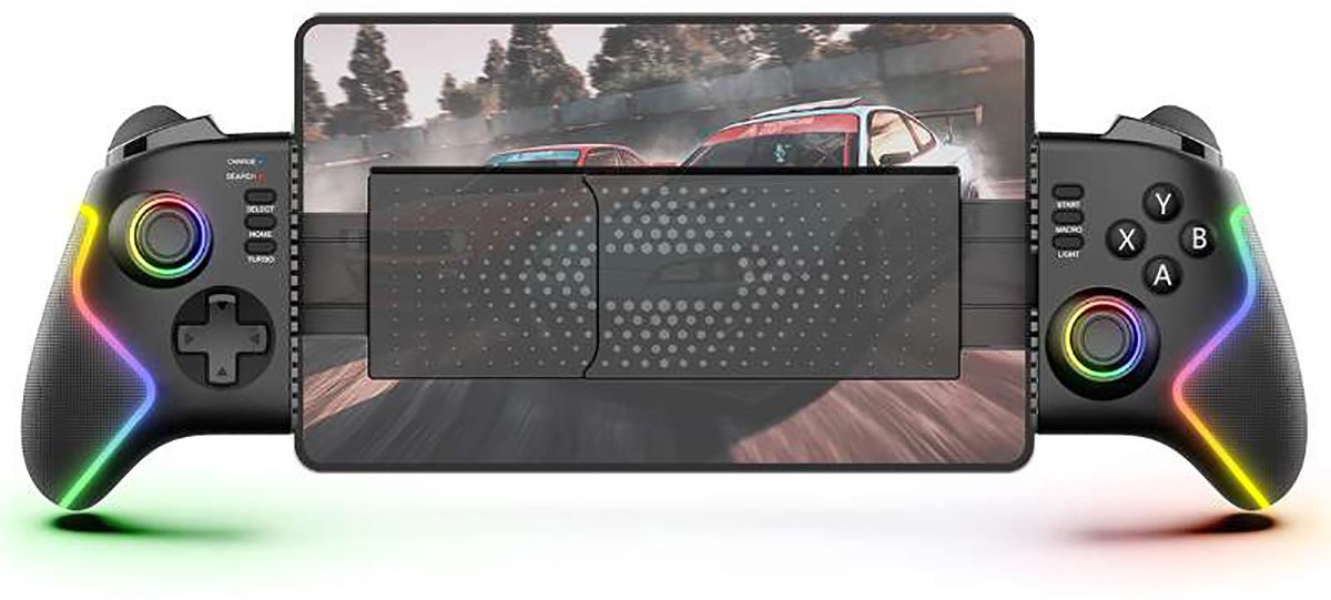 Gamecontroller voor telefoon, iPad tot 13" & tablet, Geschikt voor iPhone, Android, PS5, PS4, Xbox en pc, met Hall-effect joysticks en triggers, Macro, Turbo, RGB-verlichting, verstelbare telefoonhouder en cloudgaming