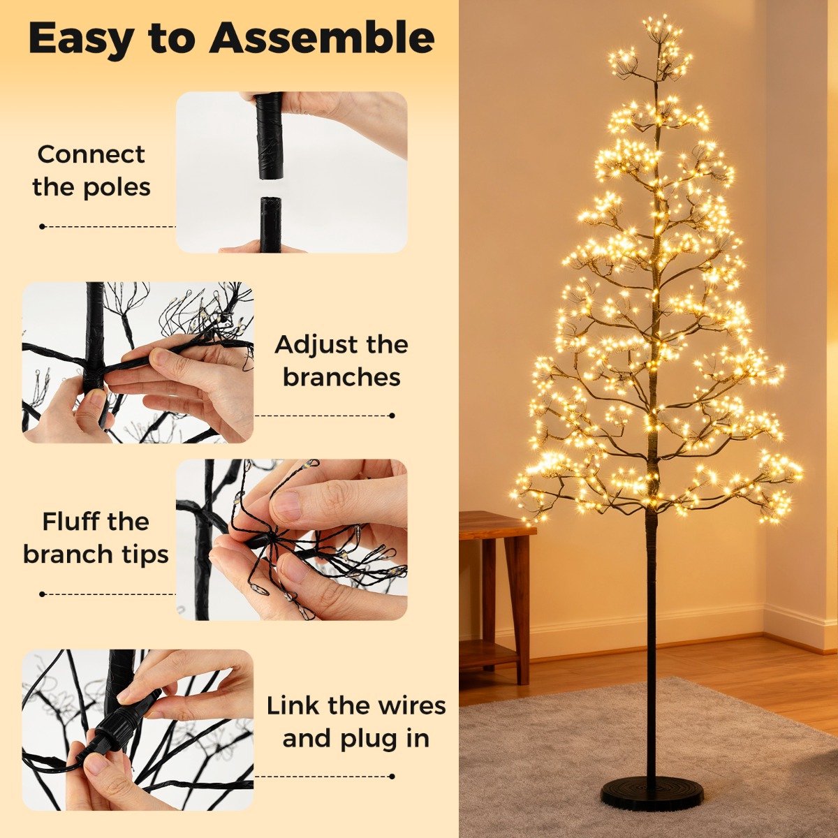 SureDeal® - Kerstbom - LED lichtboom Uitgerust - Warmwitte LED - Zwart