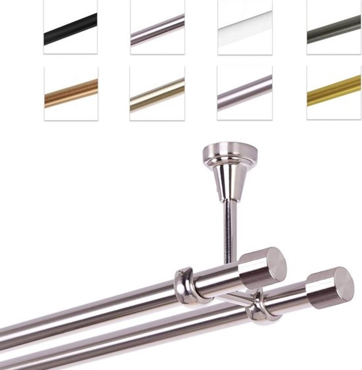 Gordijnroede - Dubbele roede - Raambekleding Ophangen - Met plafondbevestiging - 19 mm dikte - Metaal look