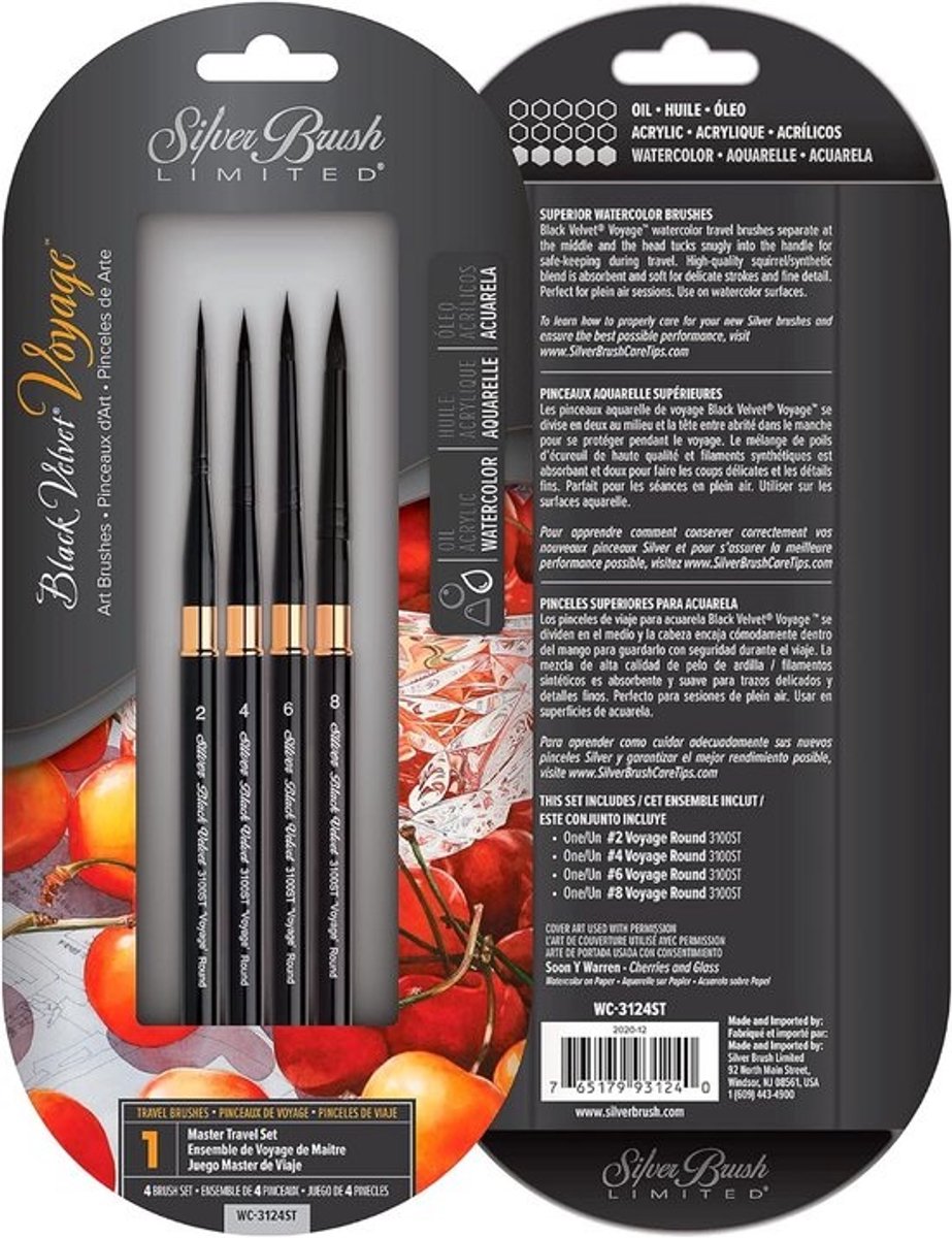 Professionele Waterverfkwastenset – Zwart Fluweel – 4-Delig – Maten 2, 4, 6 & 8 – Reisformaat